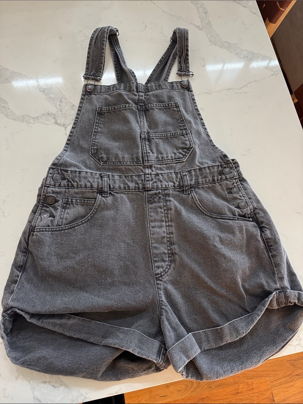 We The Free Washed Charcoal Denim Short Overalls